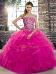 Fuchsia Off The Shoulder Lace Up Beading and Ruffles Ball Gown Prom Dress Brush Train Sleeveless