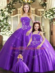 Purple Strapless Neckline Beading Quinceanera Dress Sleeveless Lace Up