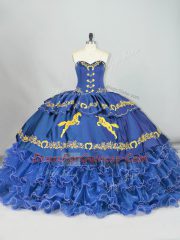 Blue Ball Gowns Satin and Organza Sweetheart Sleeveless Embroidery and Ruffled Layers Lace Up Ball Gown Prom Dress Brush Train