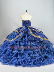 Blue Ball Gowns Satin and Organza Sweetheart Sleeveless Embroidery and Ruffled Layers Lace Up Ball Gown Prom Dress Brush Train