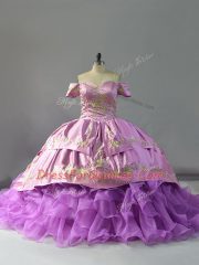 Lavender Sleeveless Organza Chapel Train Lace Up Quinceanera Gowns for Sweet 16 and Quinceanera
