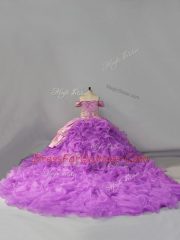 Lavender Sleeveless Organza Chapel Train Lace Up Quinceanera Gowns for Sweet 16 and Quinceanera