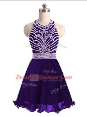 Attractive Chiffon Halter Top Sleeveless Lace Up Beading Prom Evening Gown in Purple