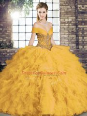 Beauteous Beading and Ruffles 15th Birthday Dress Gold Lace Up Sleeveless Floor Length