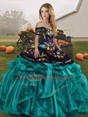 Sleeveless Organza Floor Length Lace Up Quinceanera Dress in Teal with Embroidery and Ruffles