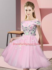 Fantastic Tulle Off The Shoulder Short Sleeves Lace Up Appliques Court Dresses for Sweet 16 in Baby Pink