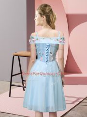 Fantastic Tulle Off The Shoulder Short Sleeves Lace Up Appliques Court Dresses for Sweet 16 in Baby Pink