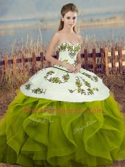Glittering Olive Green Sweetheart Neckline Embroidery and Ruffles and Bowknot Quinceanera Gown Sleeveless Lace Up
