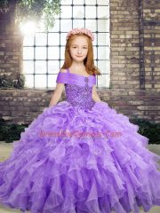 Trendy Sleeveless Lace Up Floor Length Beading and Ruffles Little Girl Pageant Dress