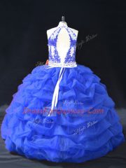 Fantastic Beading and Appliques 15th Birthday Dress Blue Backless Sleeveless Floor Length
