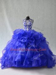 Organza Scoop Sleeveless Lace Up Beading Sweet 16 Quinceanera Dress in Royal Blue