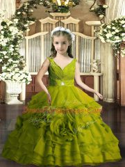 On Sale Olive Green Sleeveless Floor Length Beading Backless Little Girls Pageant Dress