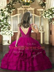 V-neck Sleeveless Little Girls Pageant Dress Wholesale Floor Length Beading and Ruching Purple Organza