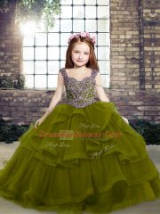 Olive Green Straps Neckline Beading and Ruffles Little Girl Pageant Dress Sleeveless Lace Up