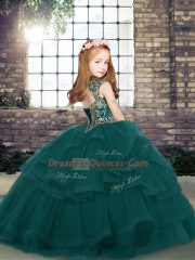 Olive Green Straps Neckline Beading and Ruffles Little Girl Pageant Dress Sleeveless Lace Up