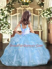 Floor Length Lace Up Little Girls Pageant Dress Pink for Party and Quinceanera and Wedding Party with Beading and Ruffles