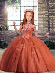 Rust Red Tulle Lace Up High-neck Sleeveless Floor Length Kids Formal Wear Beading
