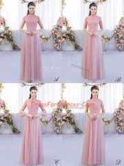 Floor Length Zipper Quinceanera Court Dresses Pink for Wedding Party with Lace