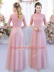 Floor Length Zipper Quinceanera Court Dresses Pink for Wedding Party with Lace