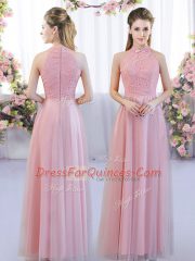 Floor Length Zipper Quinceanera Court Dresses Pink for Wedding Party with Lace