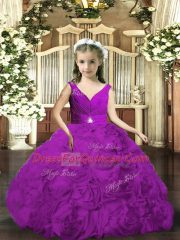 Purple V-neck Neckline Beading and Ruching Kids Formal Wear Sleeveless Backless