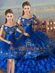 Royal Blue Lace Up Off The Shoulder Embroidery and Ruffled Layers Sweet 16 Quinceanera Dress Satin and Organza Sleeveless