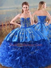Deluxe Royal Blue Sleeveless Embroidery Floor Length Quinceanera Gown