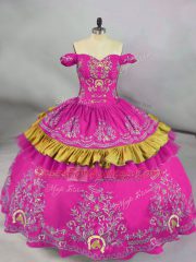 Flirting Fuchsia Side Zipper Off The Shoulder Embroidery Quinceanera Gown Satin Sleeveless