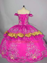 Flirting Fuchsia Side Zipper Off The Shoulder Embroidery Quinceanera Gown Satin Sleeveless