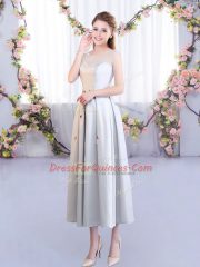 Pretty Silver Empire Scoop Sleeveless Satin Tea Length Lace Up Appliques Quinceanera Dama Dress