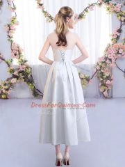 Pretty Silver Empire Scoop Sleeveless Satin Tea Length Lace Up Appliques Quinceanera Dama Dress
