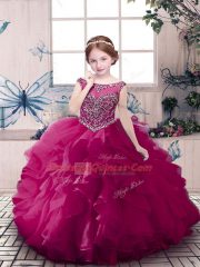 Gorgeous Floor Length Zipper Pageant Gowns For Girls Fuchsia for Party and Sweet 16 and Wedding Party with Beading and Ruffles