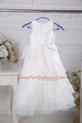 Romantic White Empire Scoop Sleeveless Chiffon Floor Length Zipper Ruffled Layers Flower Girl Dress
