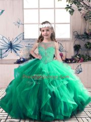 Green Lace Up Evening Gowns Beading and Ruffles Sleeveless Floor Length
