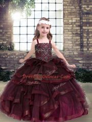 Floor Length Lace Up Child Pageant Dress Burgundy for Party and Wedding Party with Beading and Ruffles