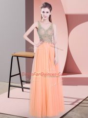 Delicate Orange Prom Party Dress Prom and Party with Beading V-neck Sleeveless Zipper