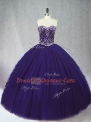 Stylish Purple Ball Gowns Beading Quince Ball Gowns Lace Up Tulle Sleeveless Floor Length