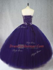 Stylish Purple Ball Gowns Beading Quince Ball Gowns Lace Up Tulle Sleeveless Floor Length