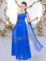 Empire Quinceanera Court Dresses Royal Blue One Shoulder Chiffon Sleeveless Floor Length Lace Up