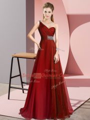Wine Red One Shoulder Neckline Beading Prom Evening Gown Sleeveless Criss Cross