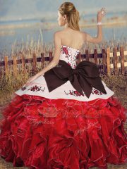 Floor Length Lace Up Sweet 16 Dress White And Red for Military Ball and Sweet 16 and Quinceanera with Embroidery and Ruffles and Bowknot