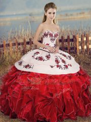 Floor Length Lace Up Sweet 16 Dress White And Red for Military Ball and Sweet 16 and Quinceanera with Embroidery and Ruffles and Bowknot