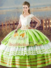 Dazzling Floor Length Quince Ball Gowns Satin Sleeveless Embroidery and Ruffled Layers