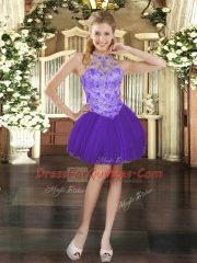 Purple Halter Top Lace Up Beading Prom Dresses Sleeveless
