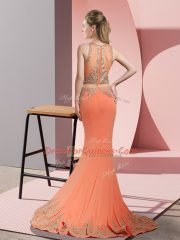Lavender Satin Zipper High-neck Sleeveless Evening Dress Sweep Train Beading and Appliques