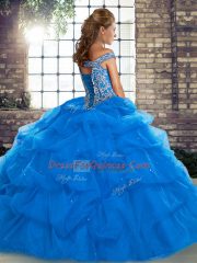 High Quality Red Lace Up Off The Shoulder Beading and Pick Ups Quinceanera Dress Tulle Sleeveless Brush Train