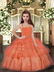 Ruffled Layers Pageant Dress for Womens Orange Red Lace Up Sleeveless Floor Length