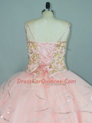 Popular Peach Straps Neckline Beading and Ruffles Quinceanera Dress Sleeveless Lace Up