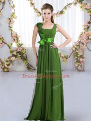 Super Sleeveless Floor Length Belt and Hand Made Flower Zipper Court Dresses for Sweet 16 with Green