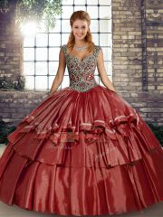 Hot Selling Rust Red Sleeveless Floor Length Beading and Ruffled Layers Lace Up Vestidos de Quinceanera